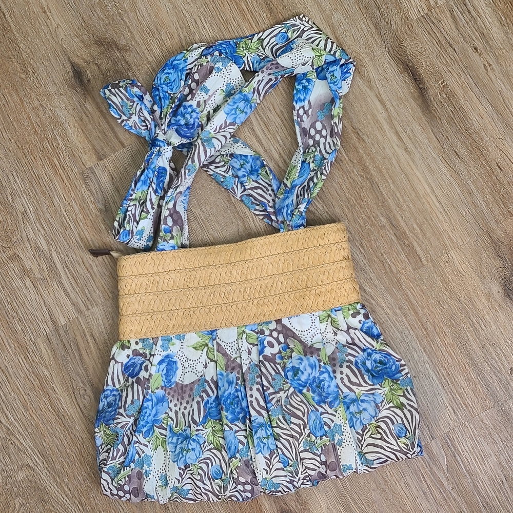 Blue Floral & Animal Print Straw Woven Shoulder Bag